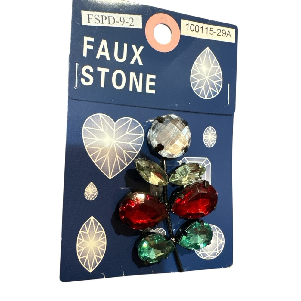 Faux Stone Floral Brooch & Red and Green Gems Large Size Pendant for Necklace